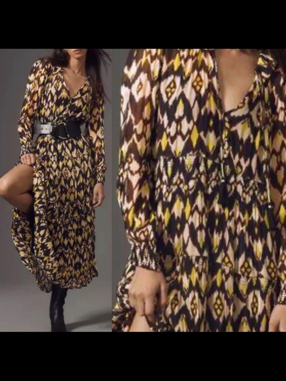 Anthropologie Ikat-Print Long-Sleeve Midi Dress in Yellow, Black & Cream